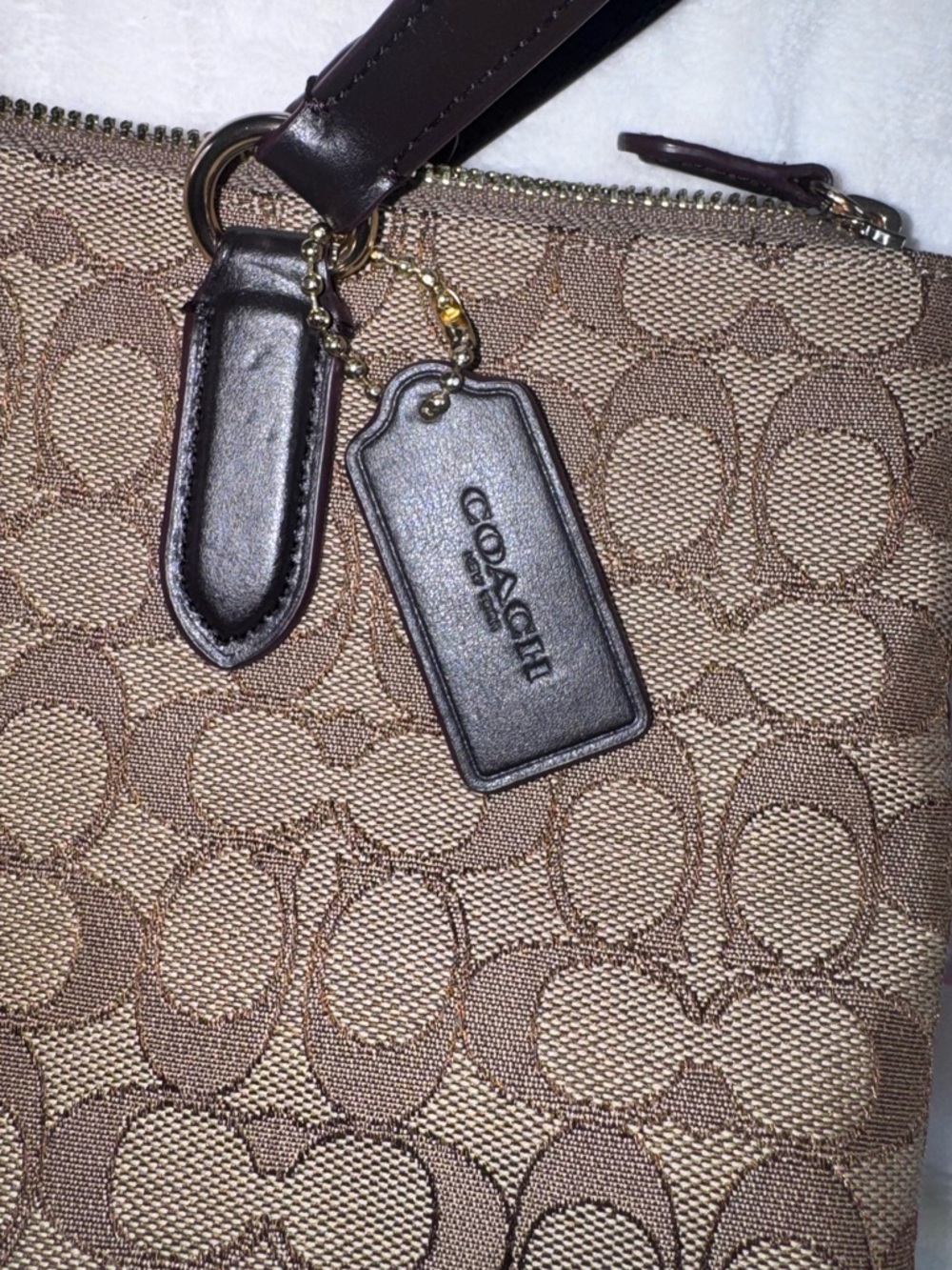 Coach Signature Zip Tote Khaki Brown Canvas Leather Trim Shoulder Bag Large - Picture 8 of 12